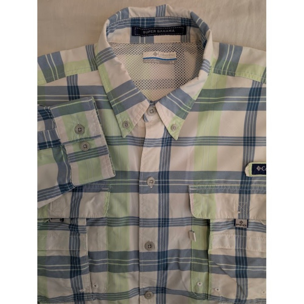 Columbia Super Bahama PFG Fishing Shirt Mens L Green Blue Plaid Long Sleeve